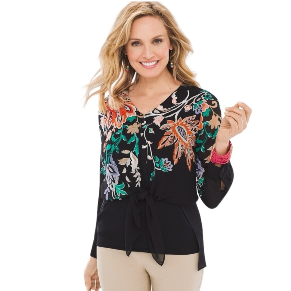 CHICO’S Long Bohemian Bouquet Top | Black | Size Chico’s 1 Women’s US‎ 8